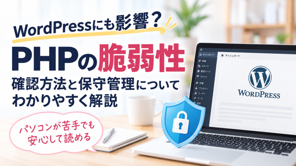 PHPの重大な脆弱性がWordPressに与える影響と、確認方法・保守管理について初心者向けに解説したイメージ画像